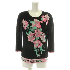 レオナール LEONARD サマーニット セーター 長袖  クルーネック ハイゲージ 刺繍 花柄 シルク混 38 M 黒 ブラック ピンク /MP ■GY19