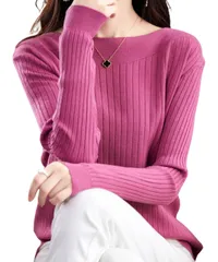 [Elixio] [エリクシオ] リブニット レディース トップス セーター ニット 長袖 薄手 無地 シンプル 上品 きれいめ 着痩せ 細見え ベーシック 上 オフィス 秋 冬 (JP, アルファベット, L, ローズ) [ローズ] [L]