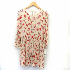 インデックス INDEX タグ付き ワンピース 膝下丈 花柄 薄手 丸首 長袖 L 薄茶 赤 ライトベージュ レッド /TT