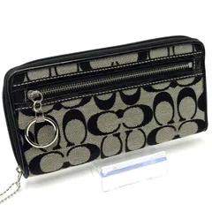 コーチ COACH シグネチャー 長財布 お札入れラウンドファスナー シルバー金具 男女兼用 ブラック レザー