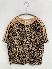 adidas アディダス Tシャツ/カットソー S ベージュ レオパード柄 ワンポイント ブランドロゴ ライン柄 ショート丈 半袖 クルーネック(丸首)