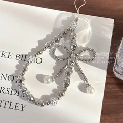 携帯ストラップ 電着銀蝶リボンビーズチェーン 携帯ケース対応 女性向け