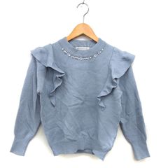 マジェスティックレゴン MAJESTIC LEGON フリル ニット セーター リブ クロップド モックネック ビーズ装飾 長袖 M ブルーグレー /NT10