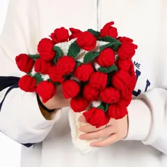 SALUDABLE 花束になるブランケット 完成品 フラワーブランケット 花 ブーケ 編み物 贈り物 (赤い薔薇　60cn) [レッド 薔薇 60cm]