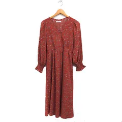 ダブルクローゼット w closet 花柄 フレア ワンピース 長袖 ロング丈 シャーリングカフス M テラコッタ /FT15