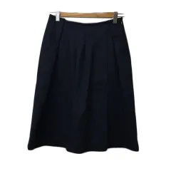 ヨークランド YORKLAND スカート 台形 膝丈 タック 無地 ウール 13AR 紺 ネイビー