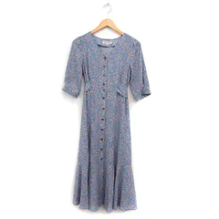 アプワイザーリッシェ Apuweiser-riche 花柄 ヘムフレア ワンピース 5分袖 ロング Vネック リボン 1 サックスブルー 青 /FT13