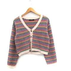 ダブルクローゼット w closet ニット カーディガン 長袖 Vネック 総柄 アイボリー 白 /KT31