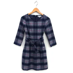 プロポーション ボディドレッシング PROPORTION BODY DRESSING チェック フレア ワンピース ひざ丈 ベルト Vネック バックジップ 七分袖 2 紺 ネイビー /NT6