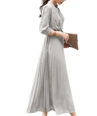 [Lunenon Soleil] 【上品な美しさ】 レディース ロング ワンピース プリーツ シャツワンピース ウエストゴム 着痩せ 上品 通勤 通学 結婚式 パーティー 春 秋 冬 ブラック キャラメル ライトグレー S-2XL 2 [ライトグレー] [S]