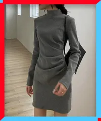 新品 ミニ丈ギャザーワンピースハイネック韓国風 シンプルワンピース OLスタイル通勤服 大人ワンピース長袖 【送料無料】