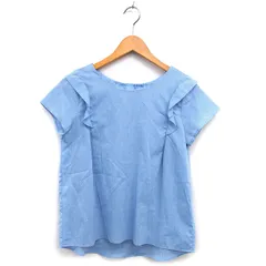 グローブ grove フリル ブラウス ボートネック ラウンドヘム 透け感 コットン混 半袖 L 青 ブルー /NT18