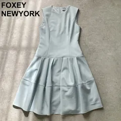 美品 フォクシーニューヨーク FOXEY NEW YORK ローウエストワンピース Aライン フレア ドレス ノースリーブ ティアード サックスブルー ライトブルー 水色 40サイズ M相当 日本製 結婚式 パーティー お呼ばれ 上品 高級 デート 洗える