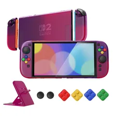 PlayVital クリアシリーズ Switch 2（2025）対応 透明ハードシェルケース ドック対応 傷防止タイプ グリップ付き保護カバー 折りたたみスタンド＆親指グリップ付属【クリア アトミックパープル＆ローズレッド】 0