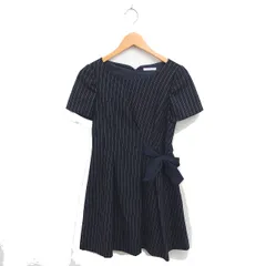 ウィルセレクション WILLSELECTION ワンピース ひざ丈 ストライプ リボン フレア ボートネック 半袖 S ネイビー 紺 /TT