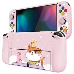 PlayVital ZealProtect Switch有機elに対応用ソフト保護シェル、Switch OLEDに対応用フレキシブルプロテクター、ジョイコンサムグリップキャップとABXY方向ボタンキャップ付き、カワイイパターン【ネコとトリ】 1