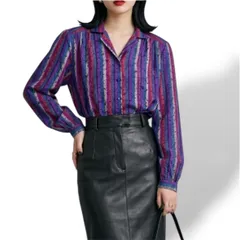 総柄 古着 マルチカラー インポート古着 柄シャツ レトロ ストライプ柄　パープル　長袖シャツ　USA古着