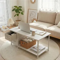ホワイト おしゃれ 北欧風 組み立て簡単 頑丈 省スペース 高さ可動式 収納付き テーブル 幅80CM 一人暮らし センターテーブル 引き出し付き ローテーブル