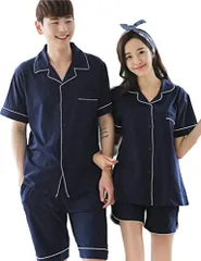 新品 [レモンツリーセブン] ペア パジャマ 男女４点セット 綿100％ カップル パジャマ 前開き 無地 半袖 ペアルック 短パンツ 夏 お揃い レディース メンズ ペアパジャマ 結婚祝い