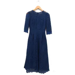Lace Ladies レース フレア ワンピース 7分袖 ロング丈 S ネイビー 紺 /FT6