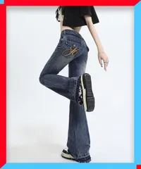 新品 ロゴ刺しゅう フレアデニムパンツ レディース 細見え デニム 個性的 おしゃれ ジーンズ 古着風 ジーパン 旬顔 【送料無料】
