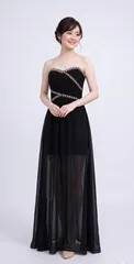 【新品未使用】ブラック ビジュー ベアトップ ロングドレス｜演奏会 発表会 パーティー ドレス シフォン シースルー エレガント