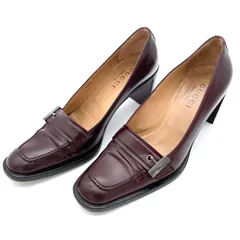 【訳あり要ゴム交換】グッチ GUCCI パンプス ローファー スクエアトゥ Tロゴ 金具 ボルドー 36.5 23.5cm チャンキーヒール オールドグッチ風 ヴィンテージ イタリア製 靴 レディース ビジネス フォーマル 結婚式 入学式 卒業式 茶 ブラウン