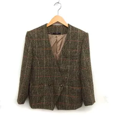 ダックス DAKS ノーカラー ジャケット チェック ウール混 シルク混 総裏地 9AB2 茶 ブラウン /NT34