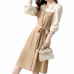 [Takusan Shopping] シャツワンピース バイカラー ワンピース 折り襟 重ね着風 Aライン エレガント 体型カバー 配色切り替え 前開き 長袖 膝下丈 レディース (JP, アルファベット, L) [L]