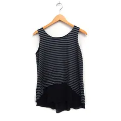 コムサデモード COMME CA DU MODE 素材切替 タンクトップ ノースリーブ ボーダー シフォン生地 9 チャコールグレー ブラック 黒 /FT11