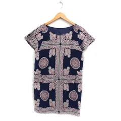 シンプリシテェ Simplicite ペイズリー柄 ワンピース 半袖 ひざ丈 丸首 ネイビー 紺 /FT39