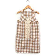 スピック&スパン Spick&Span チェック フリル Vネック ワンピース ノースリーブ ひざ丈 ベージュ系 /FT44