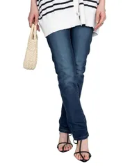 [Four leaf] レディース スキニーデニムパンツ ストレッチ 美脚 ジーンズ ウエストゴム 伸縮性 体型カバー ジーパン 細身 カジュアル 大人コーデ 通勤 通学 デイリー (JP, アルファベット, LL, ネイビー) [ネイビー] [LL]