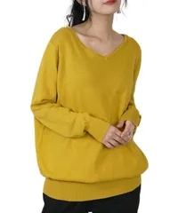 [Four leaf] 薄手 Vネック ニット レディース セーター 長袖 コットン 綿 100 トップス 体型カバー ゆったり 無地 カジュアル きれいめ 上品 秋冬 春 洗える デイリー オフィス (JP, アルファベット, M,  [マスタード] [M]
