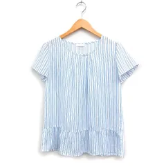 ドレスキップ DRESKIP ストライプ ブラウス 半袖 パールビーズ装飾 裾フリル L ホワイト 白 ブルー 青 /FT44