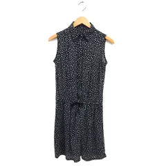 コムサイズム COMME CA ISM ステンカラー フレア ワンピース ひざ丈 水玉 比翼仕立て ドローストリング 透け感 ノースリーブ M 黒 ブラック /NT9