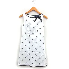 エムズグレイシー M'S GRACY ボートネック ワンピース フレア ひざ丈 リボン 刺繍 ノースリーブ 36 白 ホワイト /NT27