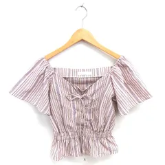 セシルマクビー CECIL McBEE カットソー ブラウス ペンタゴンネック レースアップ ストライプ リボン 半袖 M ピンク /TT16