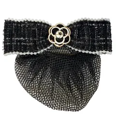 [GLOBAL BOX] リボン バレッタ ネット付き ツイード 素材 冬 シニヨン (黒) [黒]