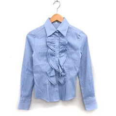 ナラカミーチェ NARA CAMICIE フリル ストライプ シャツ ブラウス ステンカラー ラウンドヘム 長袖 0 スモーキーブルー /NT19