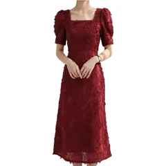 [Takusan Shopping] ワンピース スクエアネック タイト 膝下 ドレス 半袖 フォーマル エレガント フリンジ ジャガード パーティー マーメイド 結婚式 レディース (JP, アルファベット, L, レッド) [レッド] [L]