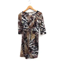 ブージュルード Bou Jeloud 総柄 カシュクール ドレス ワンピース 七分袖 ひざ丈 F ブラウン 茶 /FT3