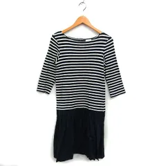 イナ ina ボーダー ワンピース フレア ひざ丈 ボートネック 切替 コットン 綿 ギャザー 長袖 黒 ブラック /NT33