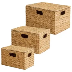 新品 岩附 ふた付き バスケット 天然素材 ウォーターヒヤシンス S/M/L 【3点セット】 スクエア 収納 かご 籠 ナチュラル IW-12NA