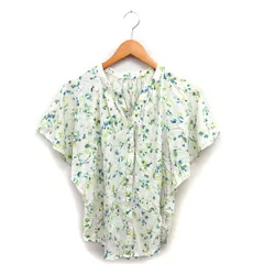 グローバルワーク GLOBAL WORK スキッパーカラー シャツ ブラウス フレアスリーブ プリント 透け感 五分袖 L オフホワイト /NT33