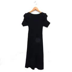 ギャザー ニット ワンピース ロング フレア Vネック リブ ストレッチ 五分袖 黒 ブラック /NT25 N