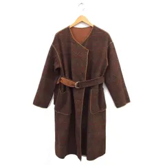 レイビームス Ray Beams リバーシブル ノーカラー コート スリット ロング ウール混 ベルト グレンチェック 茶 ブラウン /NT5