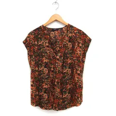 コムサイズム COMME CA ISM 花柄 タック ブラウス フレンチスリーブ Vネック L オレンジ ブラック 黒 /FT15