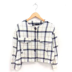 ザラ ZARA ノーカラー ジャケット アウター チェック フェイクポケット S アイボリー ネイビー 紺 /TT