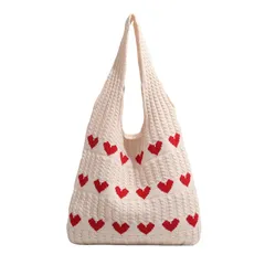 [ideamall] ニットバッグ ハート かわいい 編みトートバッグ 韓国風 かぎ針 (ホワイト) [ホワイト]
